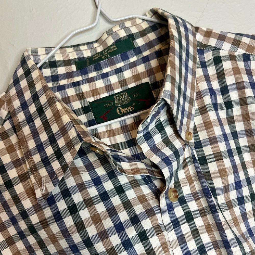Orvis Men's XLTL Long Sleeve With HOLE Cotton Blue Tan White Green Checked Shirt